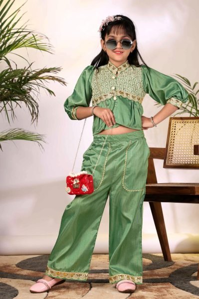 Ethnic Green Co-Ord Set with Embroidered Jacket Style Top and Palazzo Pants Girls Wear
