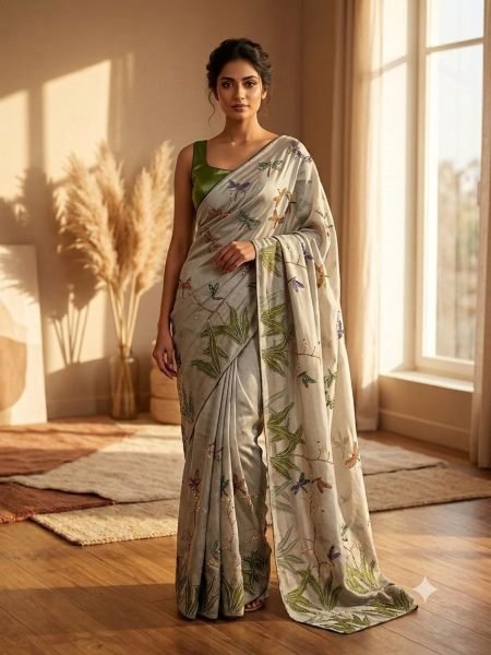 Ethnic Grey Designer Soft Tebby Silk Floral Print Saree with Katdana Handwork Sarees 