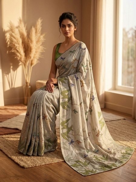 Ethnic Grey Designer Soft Tebby Silk Floral Print Saree with Katdana Handwork Silk Sarees Wholesale