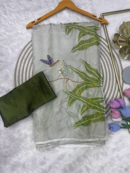 Ethnic Grey Designer Soft Tebby Silk Floral Print Saree with Katdana Handwork Silk Sarees Wholesale