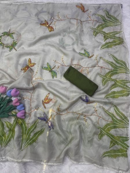 Ethnic Grey Designer Soft Tebby Silk Floral Print Saree with Katdana Handwork Silk Sarees Wholesale