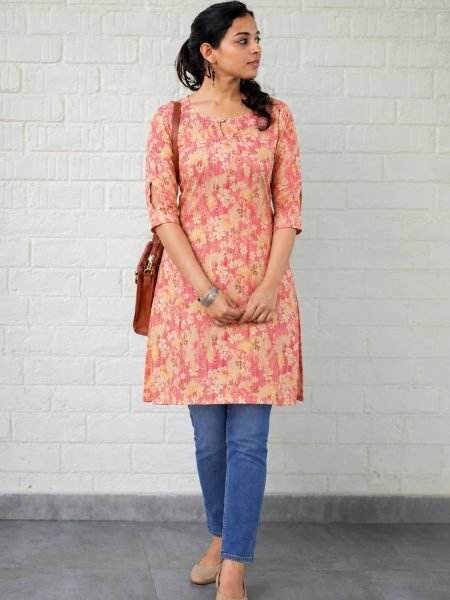 Ethnic Red Designer Printed Silk Kurti Top with Neck and Sleeve Pattern Kurtis