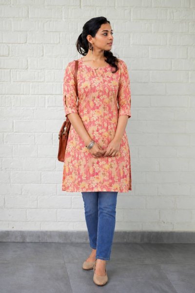 Ethnic Red Designer Printed Silk Kurti Top with Neck and Sleeve Pattern Tunics kurti