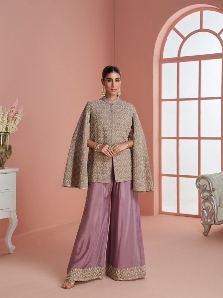 Ethnic Lavender Chinon Silk Embroidered Top with Palazzo Co Ord Set for Party Wear 