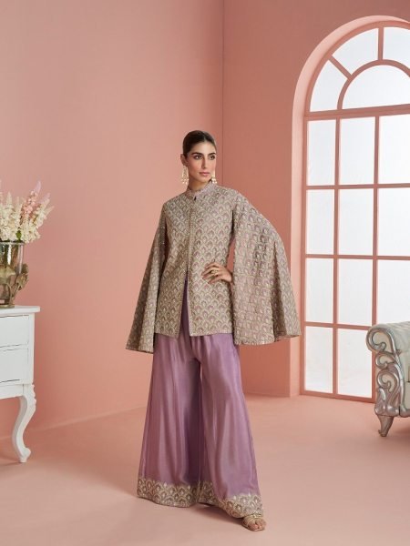 Ethnic Lavender Chinon Silk Embroidered Top with Palazzo Co Ord Set for Party Wear Designer Plazzo Salwar Suits Wholesale