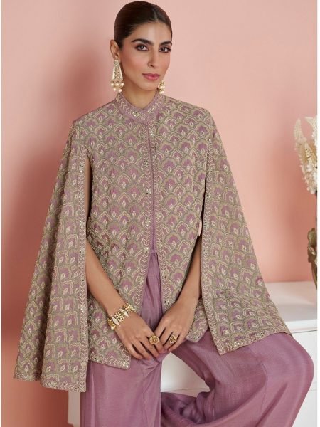 Ethnic Lavender Chinon Silk Embroidered Top with Palazzo Co Ord Set for Party Wear Designer Plazzo Salwar Suits Wholesale