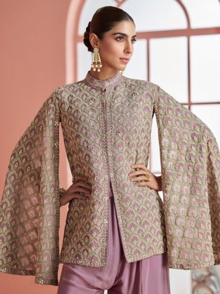 Ethnic Lavender Chinon Silk Embroidered Top with Palazzo Co Ord Set for Party Wear Designer Plazzo Salwar Suits Wholesale
