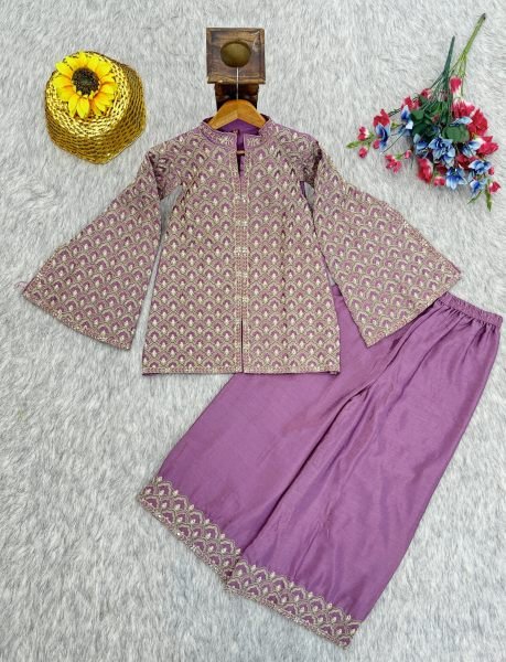 Ethnic Lavender Chinon Silk Embroidered Top with Palazzo Co Ord Set for Party Wear Designer Plazzo Salwar Suits Wholesale
