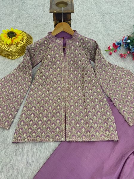 Ethnic Lavender Chinon Silk Embroidered Top with Palazzo Co Ord Set for Party Wear Designer Plazzo Salwar Suits Wholesale