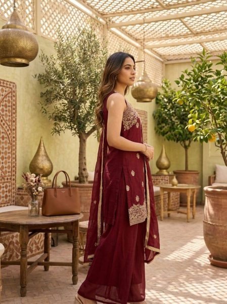 Ethnic Manufacturer Premium Rangoli Crush Palazzo Suit With Heavy Embroidered Sequence Work And Dupatta