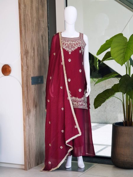 Ethnic Manufacturer Premium Rangoli Crush Palazzo Suit With Heavy Embroidered Sequence Work And Dupatta Ready To Wear Collection