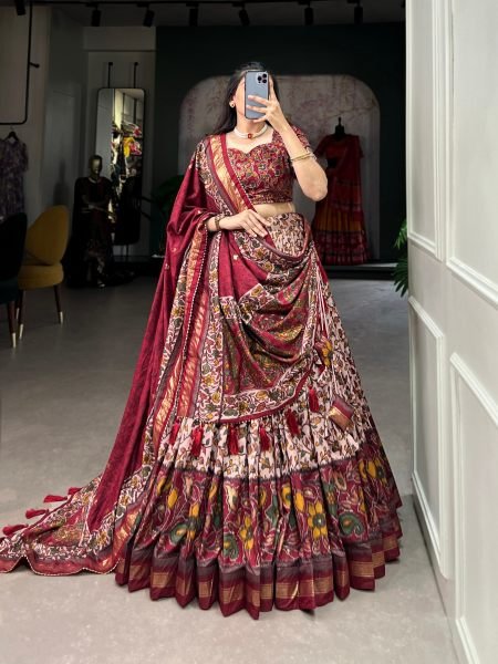 Ethnic Maroon Party Wear Tusser Silk Lehenga Choli with Foil Print Work 