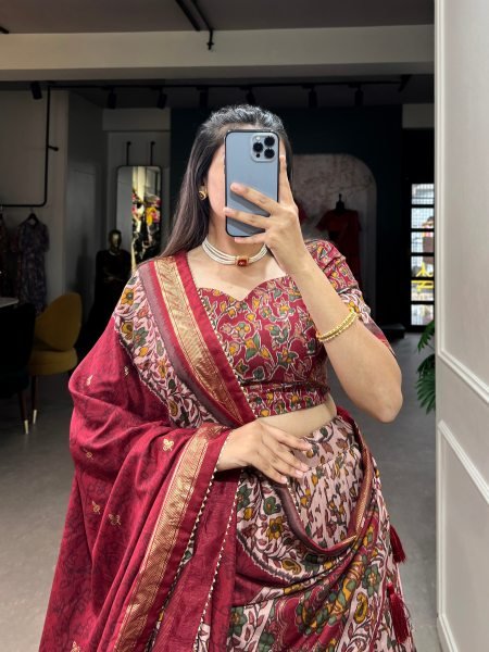 Ethnic Maroon Party Wear Tusser Silk Lehenga Choli with Foil Print Work Designer Lehenga Choli
