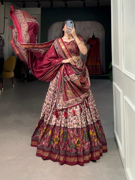 Ethnic Maroon Party Wear Tusser Silk Lehenga Choli with Foil Print Work Designer Lehenga Choli
