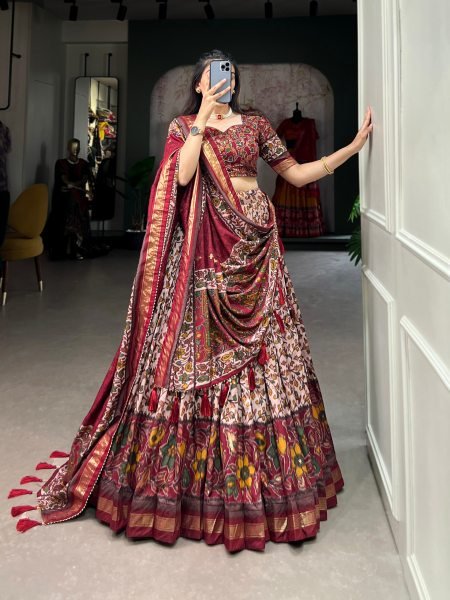 Ethnic Maroon Party Wear Tusser Silk Lehenga Choli with Foil Print Work Designer Lehenga Choli