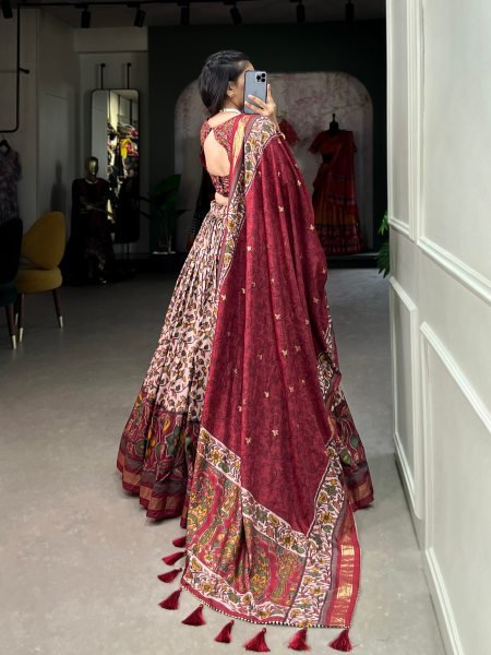 Ethnic Maroon Party Wear Tusser Silk Lehenga Choli with Foil Print Work Designer Lehenga Choli