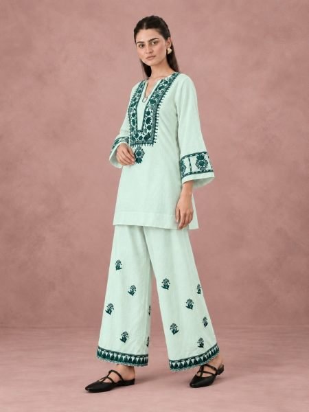 Ethnic Mint Green Readymade Cotton Flex Top Bottom Set with Embroidery Work Kurtis