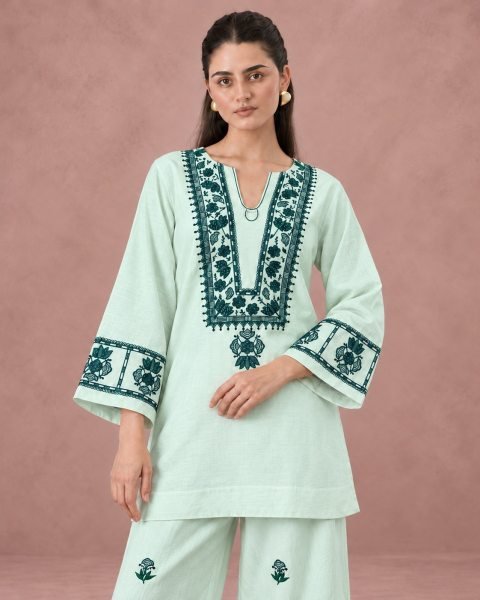 Ethnic Mint Green Readymade Cotton Flex Top Bottom Set with Embroidery Work CO ORD Sets