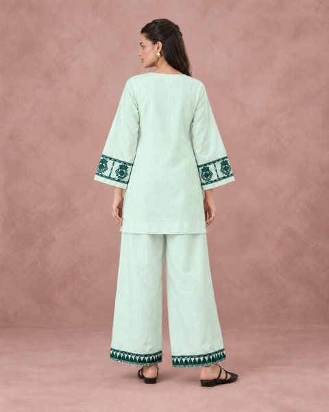 Ethnic Mint Green Readymade Cotton Flex Top Bottom Set with Embroidery Work CO ORD Sets