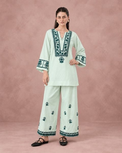 Ethnic Mint Green Readymade Cotton Flex Top Bottom Set with Embroidery Work CO ORD Sets