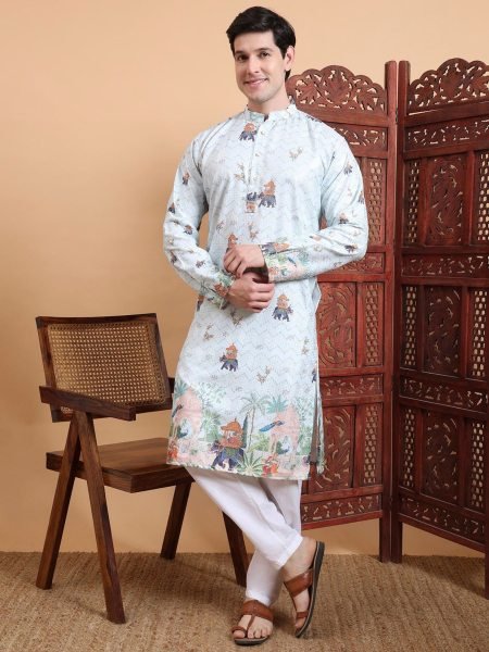 Ethnic Motifs Printed Thread Work Mandarin Collar Pure Cotton Kurta Set Mens Wear