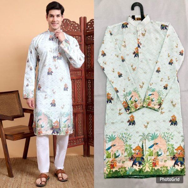 Ethnic Motifs Printed Thread Work Mandarin Collar Pure Cotton Kurta Set Kurta Pajama Wholesale