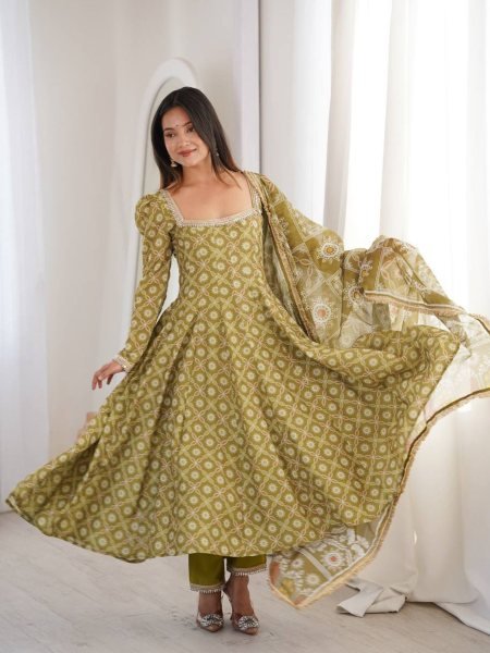 Ethnic Olive Green Printed Maslin Gown Set with Mirror Lace Work and Dupatta Ready To Wear Suit