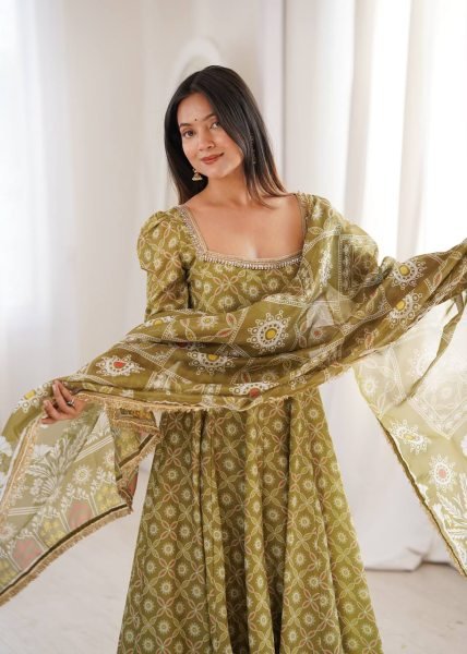 Ethnic Olive Green Printed Maslin Gown Set with Mirror Lace Work and Dupatta Ready To Wear Collection