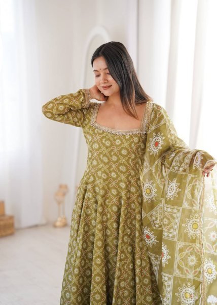 Ethnic Olive Green Printed Maslin Gown Set with Mirror Lace Work and Dupatta Ready To Wear Collection