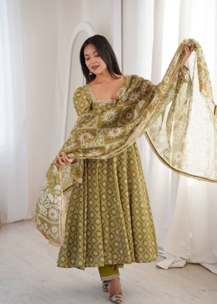 Ethnic Olive Green Printed Maslin Gown Set with Mirror Lace Work and Dupatta Ready To Wear Collection