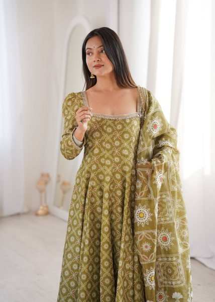 Ethnic Olive Green Printed Maslin Gown Set with Mirror Lace Work and Dupatta Ready To Wear Collection