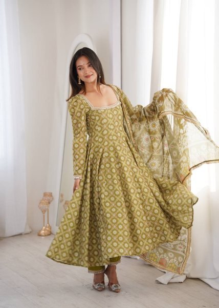 Ethnic Olive Green Printed Maslin Gown Set with Mirror Lace Work and Dupatta Ready To Wear Collection