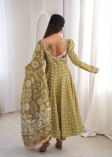 Ethnic Olive Green Printed Maslin Gown Set with Mirror Lace Work and Dupatta Ready To Wear Collection