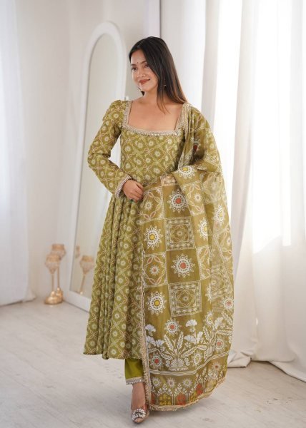 Ethnic Olive Green Printed Maslin Gown Set with Mirror Lace Work and Dupatta Ready To Wear Collection