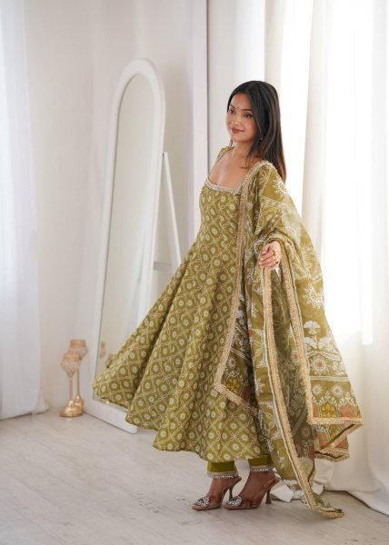 Ethnic Olive Green Printed Maslin Gown Set with Mirror Lace Work and Dupatta Ready To Wear Collection