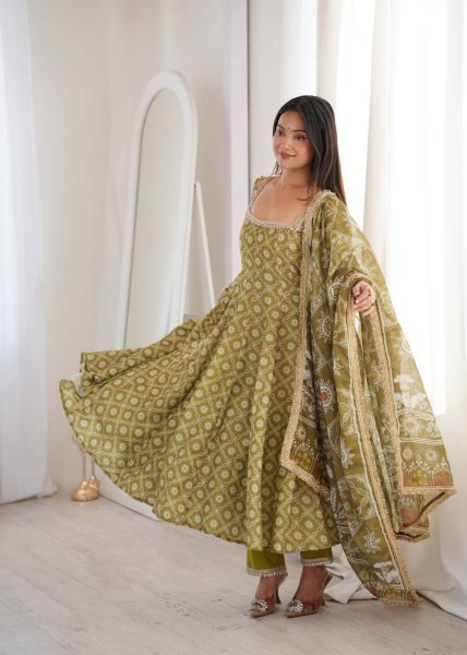 Ethnic Olive Green Printed Maslin Gown Set with Mirror Lace Work and Dupatta Ready To Wear Collection