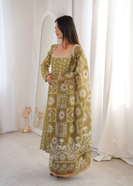 Ethnic Olive Green Printed Maslin Gown Set with Mirror Lace Work and Dupatta Ready To Wear Collection