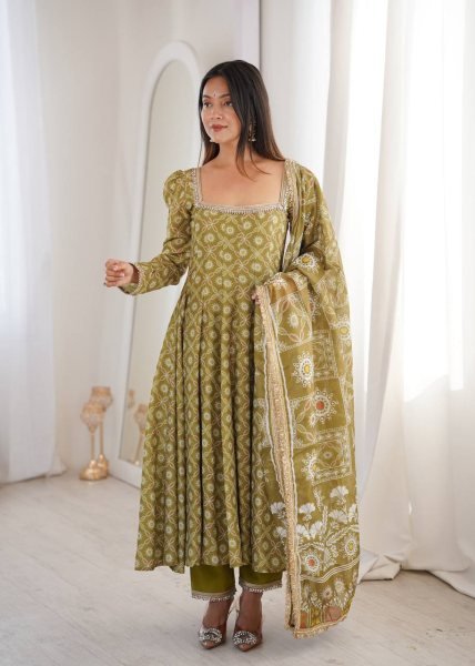 Ethnic Olive Green Printed Maslin Gown Set with Mirror Lace Work and Dupatta Ready To Wear Collection