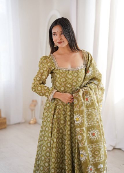 Ethnic Olive Green Printed Maslin Gown Set with Mirror Lace Work and Dupatta Ready To Wear Collection