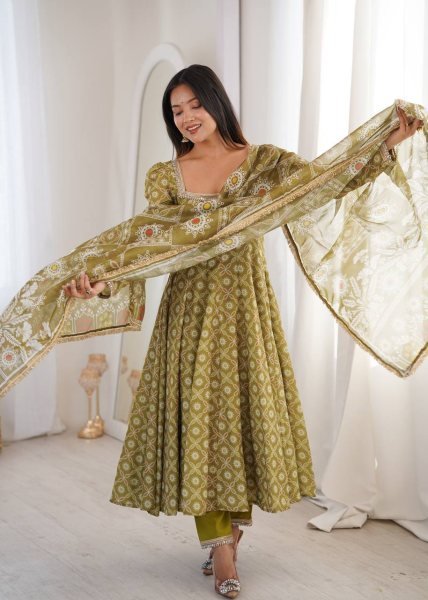 Ethnic Olive Green Printed Maslin Gown Set with Mirror Lace Work and Dupatta Ready To Wear Collection