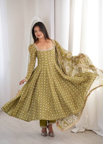 Ethnic Olive Green Printed Maslin Gown Set with Mirror Lace Work and Dupatta Ready To Wear Collection