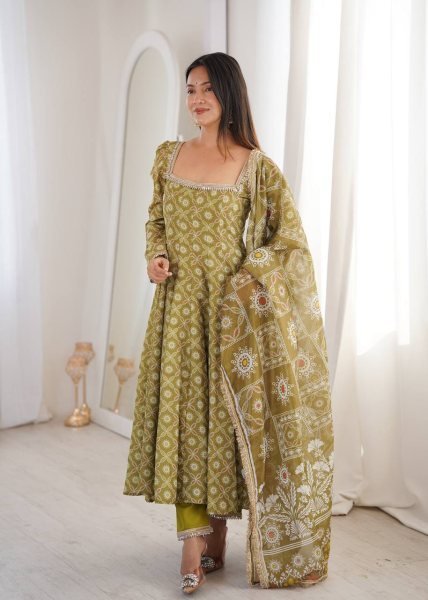 Ethnic Olive Green Printed Maslin Gown Set with Mirror Lace Work and Dupatta Ready To Wear Collection