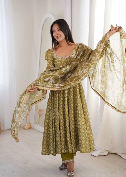 Ethnic Olive Green Printed Maslin Gown Set with Mirror Lace Work and Dupatta Ready To Wear Collection