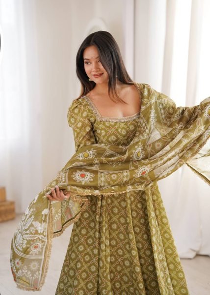 Ethnic Olive Green Printed Maslin Gown Set with Mirror Lace Work and Dupatta Ready To Wear Collection
