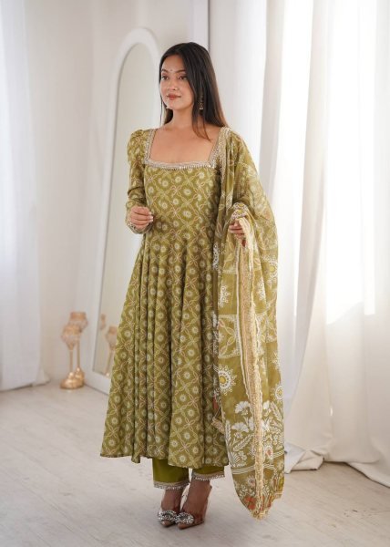 Ethnic Olive Green Printed Maslin Gown Set with Mirror Lace Work and Dupatta Ready To Wear Collection