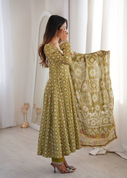 Ethnic Olive Green Printed Maslin Gown Set with Mirror Lace Work and Dupatta Ready To Wear Collection