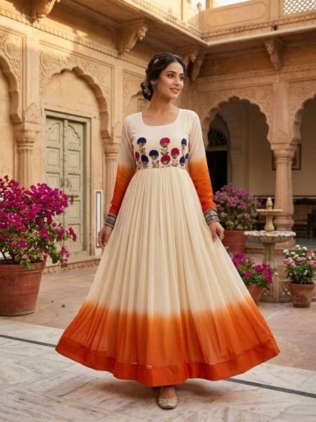 Ethnic Orange Designer Star Georgette Long Gown with Embroidery Work for Festive Wear 