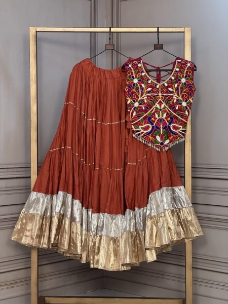 Ethnic Orange Full-Stitched Rayon Lehenga with Cotton Inner and 12 Meter Flair  Lehenga