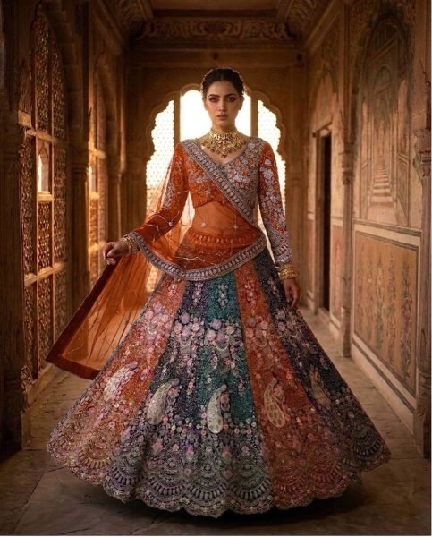 Exclusive Orange Women s Soft Butterfly Net Lehenga Choli with Heavy Sequins Embroidery Bridal Lehenga Choli