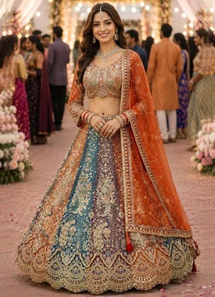 Exclusive Orange Women s Soft Butterfly Net Lehenga Choli with Heavy Sequins Embroidery Bridal Lehenga Choli